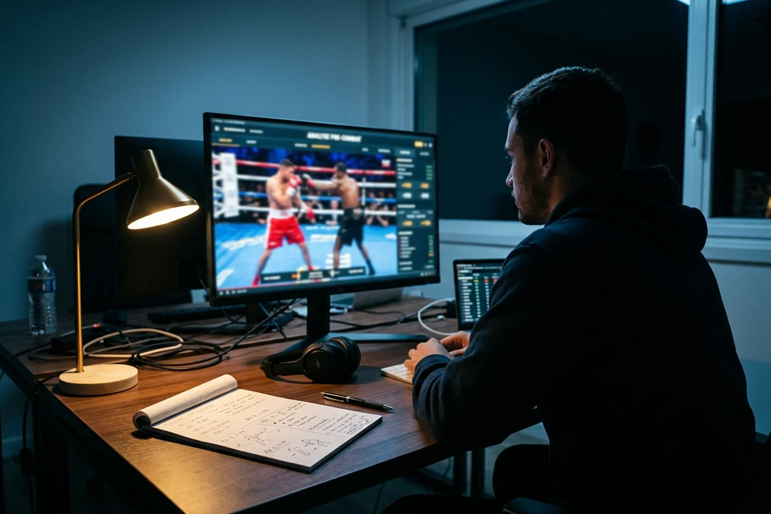 Préparation d'analyse pré-combat de boxe avec palmarès et statistiques de boxeurs