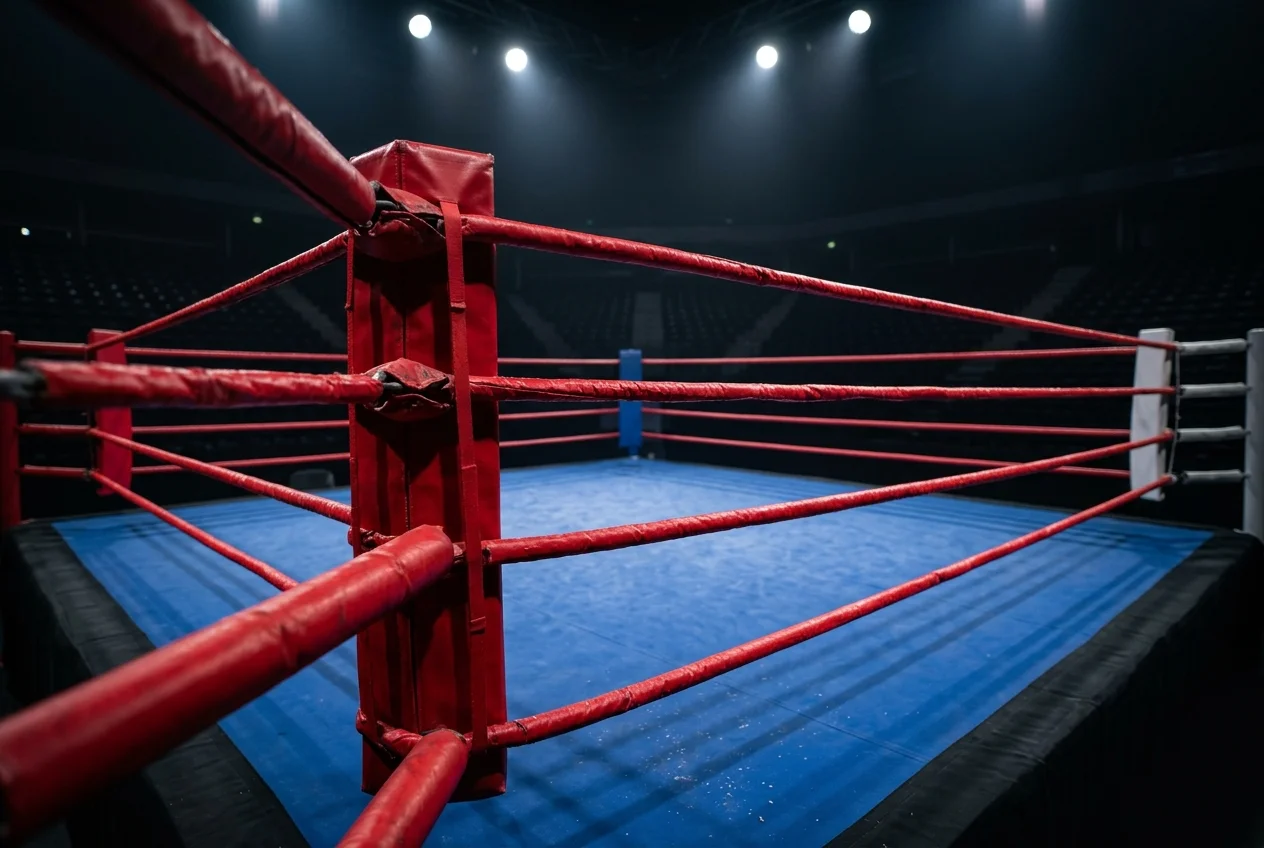 Ring de boxe vide vu depuis un coin avec cordes rouges et éclairage dramatique