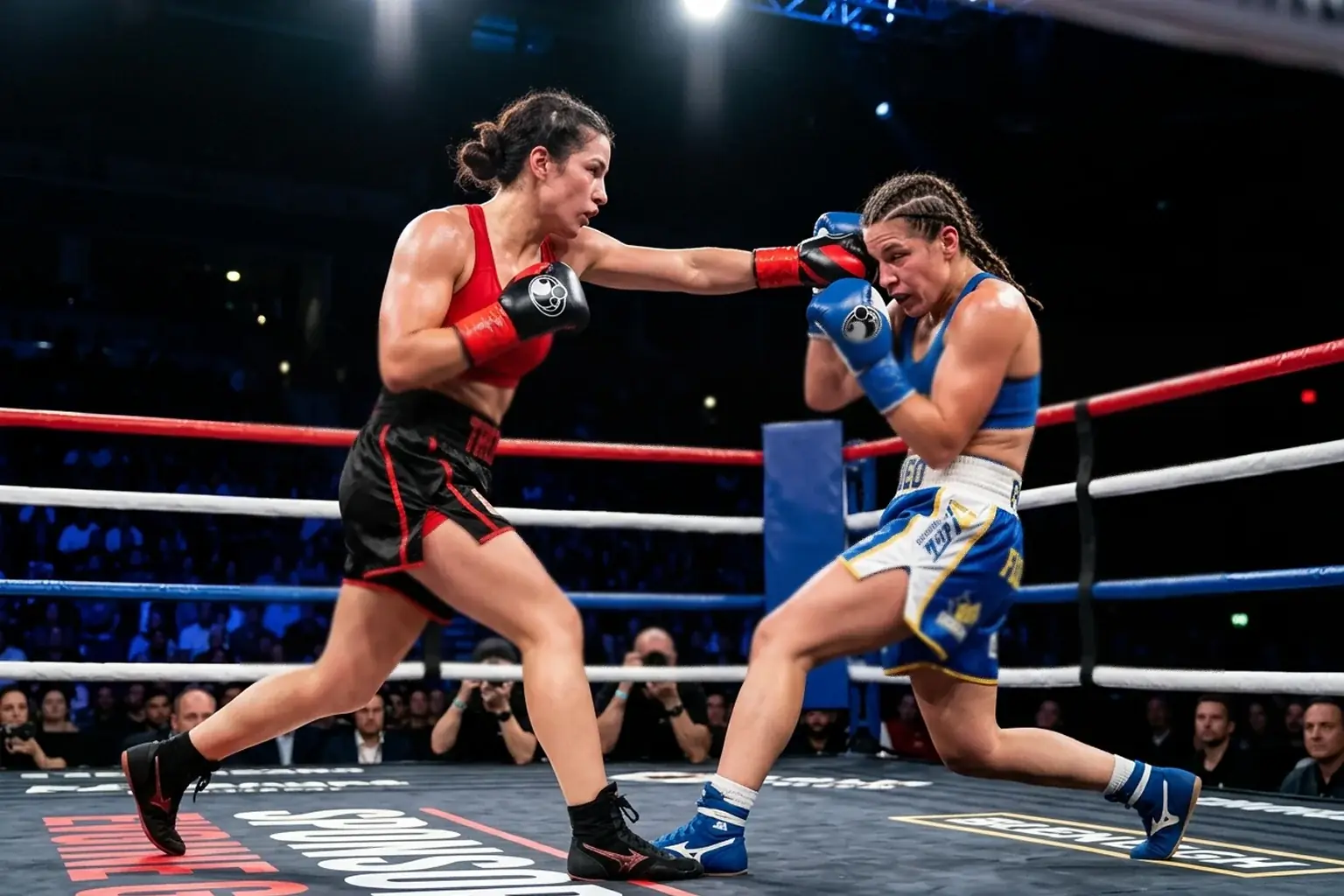 Combat de boxe féminine professionnelle avec deux boxeuses sur le ring