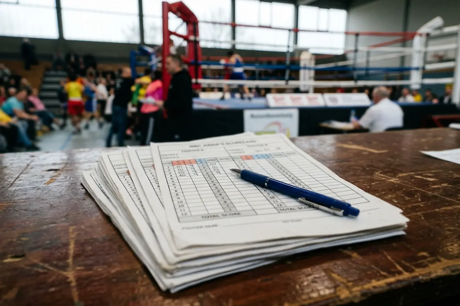Cartes de pointage de juges de boxe empilées avec un stylo posé dessus